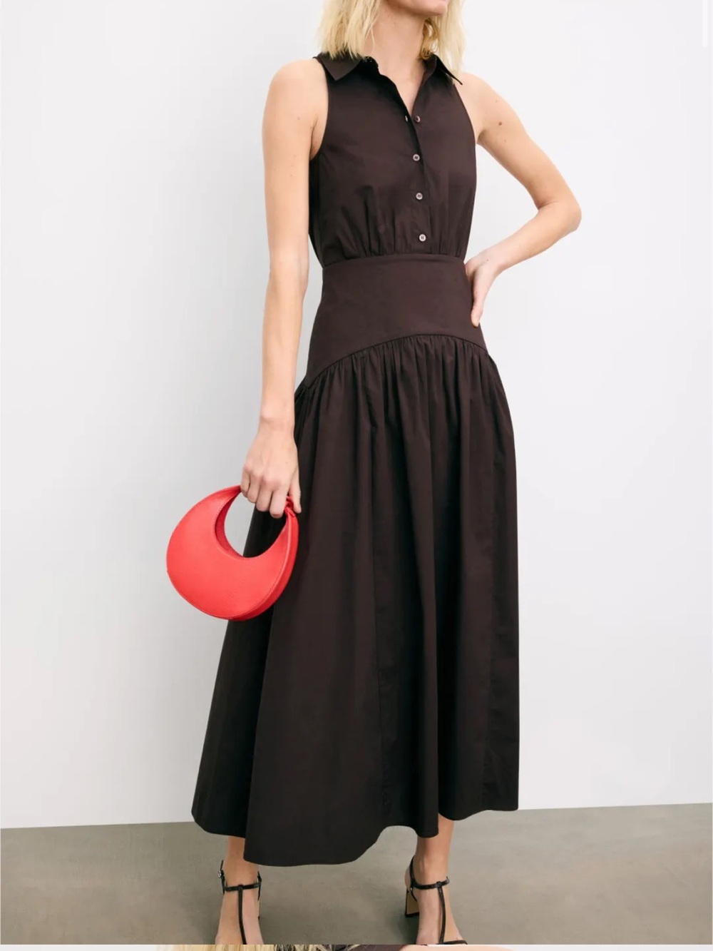 STAUD Sleeveless Collared Chocolate Brown Dress